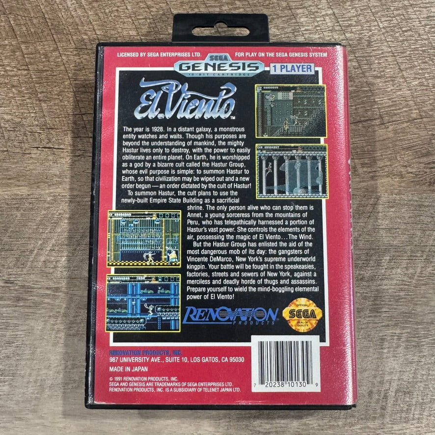 El Viento (Sega Genesis, 1991) Renovation W/ Amazing Cart, Case & Art! CLEAN!