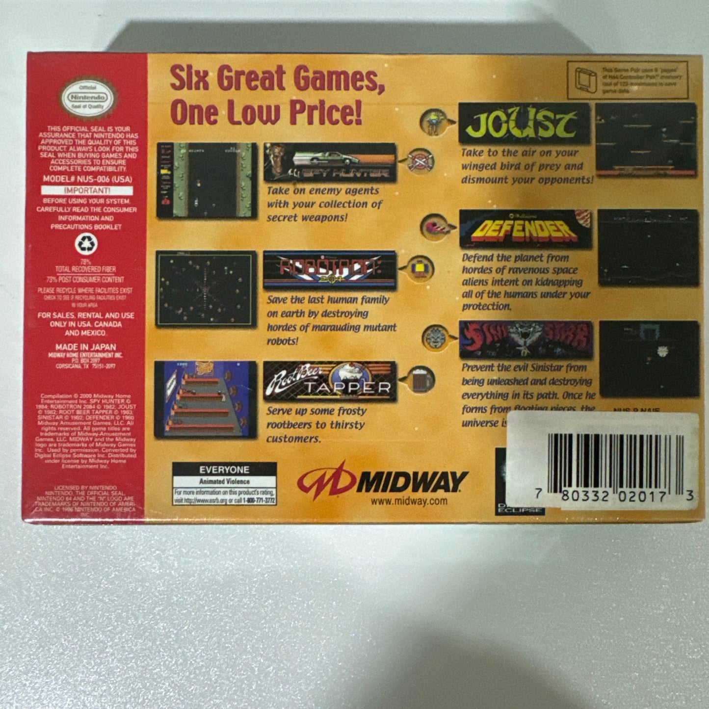 Midway's Greatest Arcade Hits: Vol. 1 (Nintendo 64, 2000) NEW FACTORY SEALED