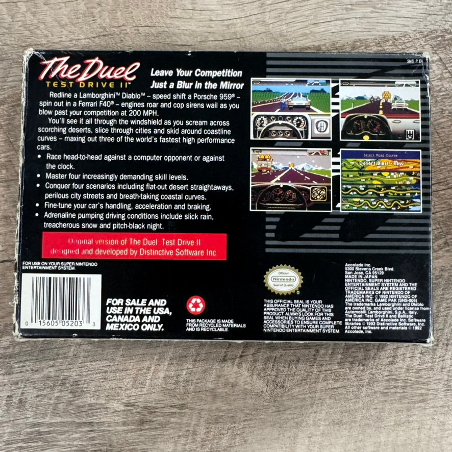 The Duel Test Drive II (Super Nintendo, SNES 1992) Accolade RARE Game & Box!